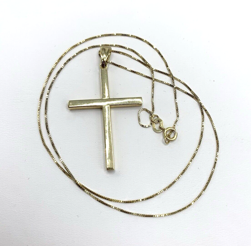 14K Yellow Gold Cross 1.5" Pendant 18" Chain Necklace Italy 2.3 grams - Picture 4 of 10