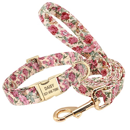 Floral Dog Personalised Collar and Leash Custom Gold Name ID Tag Engraved S M L - Picture 5 of 21