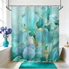 70x72 Inch Spring Teal Gold Floral Shower Curtain Abstract Watercolor Art