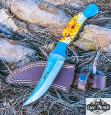 9.5" Full Tang Horn Handle Hunting Knife With Leather Sheath