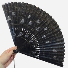 Antique Black Hand Fan Victorian Edwardian Tassel Hand Painted Flowers Vintage