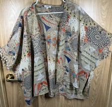 Umgee Women s Size S/M Tribal Pom Pom Trim Sheer Open Artsy Boho Kimono Cardigan
