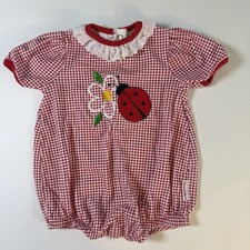 Vintage Healthtex Romper 6-9M Ladybug Appliqu  Red  White Gingham Twee Whimsy