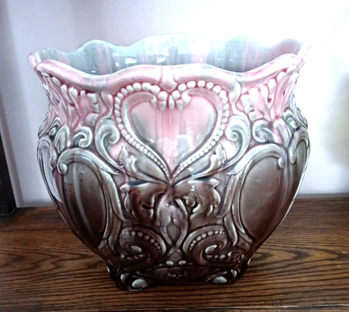 BIG Antique Drip Glaze  Majolica Jardiniere w HEARTS Weller? Roseville?