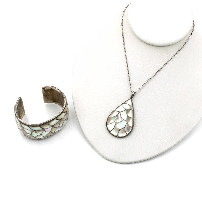 Zuni Signed Orlinda Natewa Mother of Pearl Inlay Necklace Cuff Lot of 2 #S5335-1