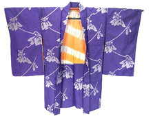 Unused Japanese Silk Haori Kimono Jacket XL Long Purple Kanoko Floral Vintage