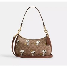 COACH x PEANUTS Teri Shoulder Bag Tan Brown Snoopy Print Signature Canvas CBJ88