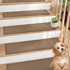 Brown Natural Linen Carpet Stair Treads Non Slip Wooden Steps 8x30 Inch 4 PCS