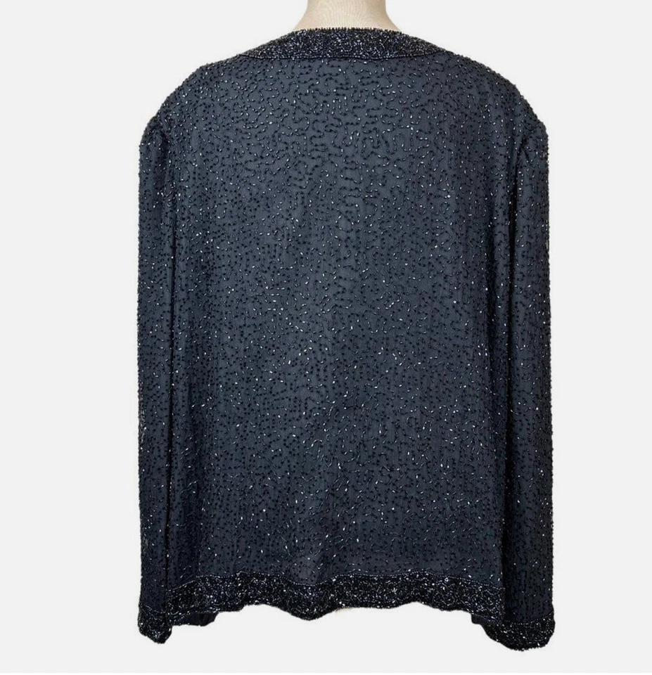 复古 Laurence Kazar 黑色丝绸串珠罩衫上衣夹克钩/眼睛 COCKTAIL 派对 L — 第 3/4 张图片