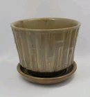 McCoy Green/Tan Bamboo Flower Pot W/dish Planter VTG Jardiniere Design MCM #0373