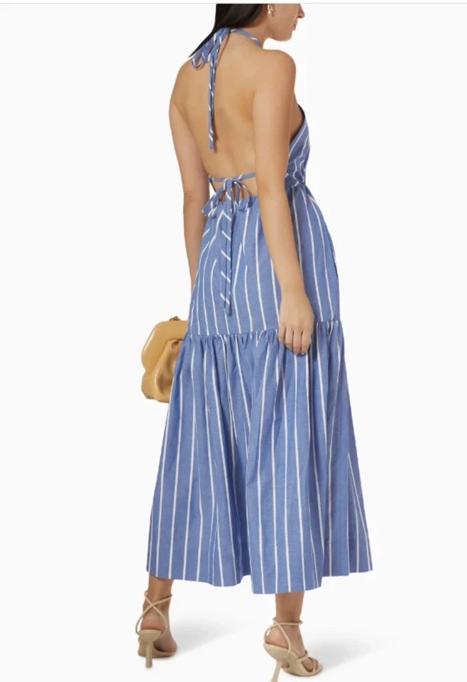 SHONA JOY Kimberley Crossover Halter Blue & White Striped Midi Dress Size 14 - image 2 of 4