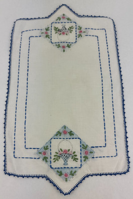 Vintage Embroidered Floral Basket Table Runner W/ Crocheted Edges Cottage Core