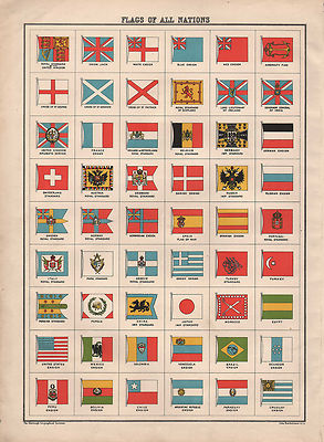 1899 VICTORIAN PRINT ~ FLAGS OF ALL NATIONS ~ JAPAN BELGIUM TURKEY ...