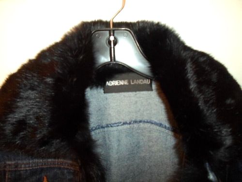 Adrienne Landau Sz SMALL Blue Denim Jacket w/Black Genuine Rabbit Fur Trim - Picture 5 of 9