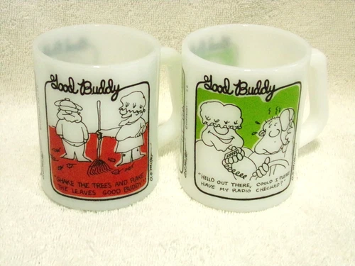 2 Vtg Federal Good Buddy Milk Glass Mugs Cups CB Trucker Red Green