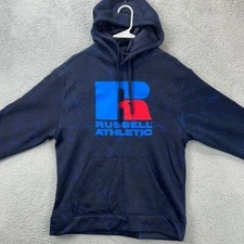 Russell Athletic Hoodie Mens Medium Blue Graphic Print Sweatshirt Sweater NEW