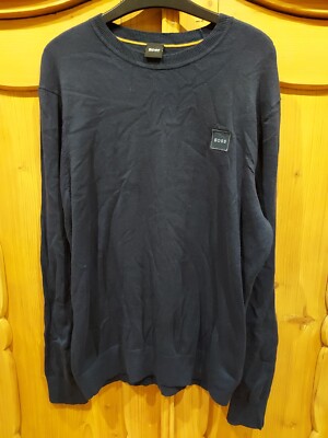 Hugo Boss Mens Navy Cotton Cashmere Round Neck Jumper