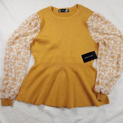 Sweet Halo Women's Blouse Sz Largue Golden Yellow Kniff Long Sleeve Semisheer