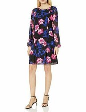 NINE WEST Shift Dress Chiffon Sheer Sleeves Black Multi NWT$79