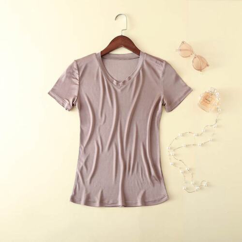 New Women's Silk T-Shirts Summer Basic Blouse Top V-neck Short Sleeve KT3S33 - Picture 25 of 25