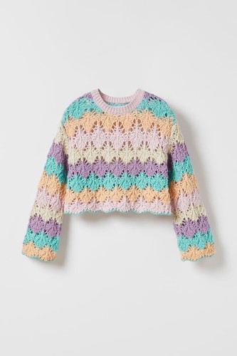 ZARA GIRL'S TEEN SWEATER CROCHET KNIT PASTEL STRIPE CROP COTTON 13-14 3991/619 - Picture 5 of 12