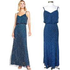 Adrianna Papell Art Deco Long Sequin Beaded Blouson Formal Dress Peacock Blue