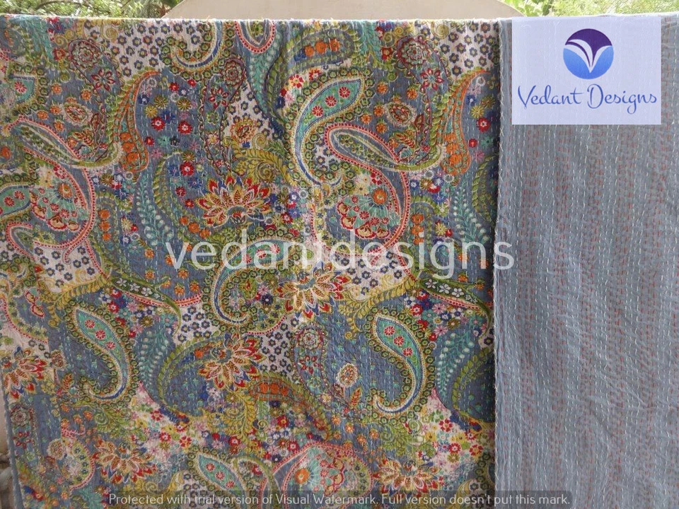 Edredón Kantha reversible indio estampado cachemir azul manta doble arte Foto 3 de 4