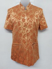 Charlotte Halton Jacket Top 10 Gold Floral Satin Short Sleeve  Asian Inspired 