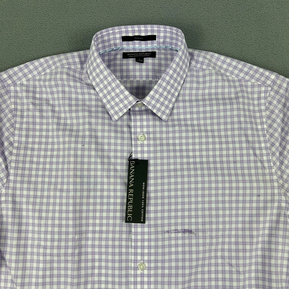 Camisa Banana Republic Para Hombres Grande Púrpura Blanca Guinga Calce Ajustado Algodón Sin Hierro Foto 2 de 4