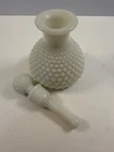 Vintage White Milk Glass Perfume Bottle with Stopper and Cork Hobnail  6"
