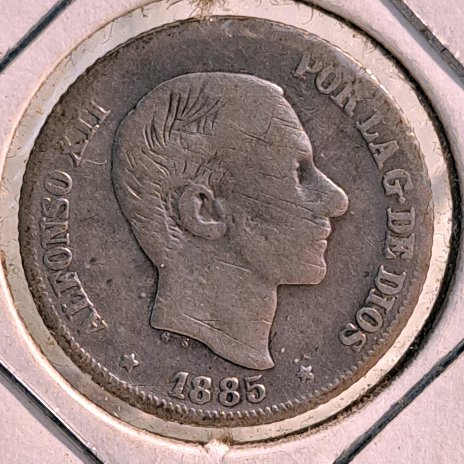 1885 Spanish Philippines 10 Centimos .835 Silver Coin