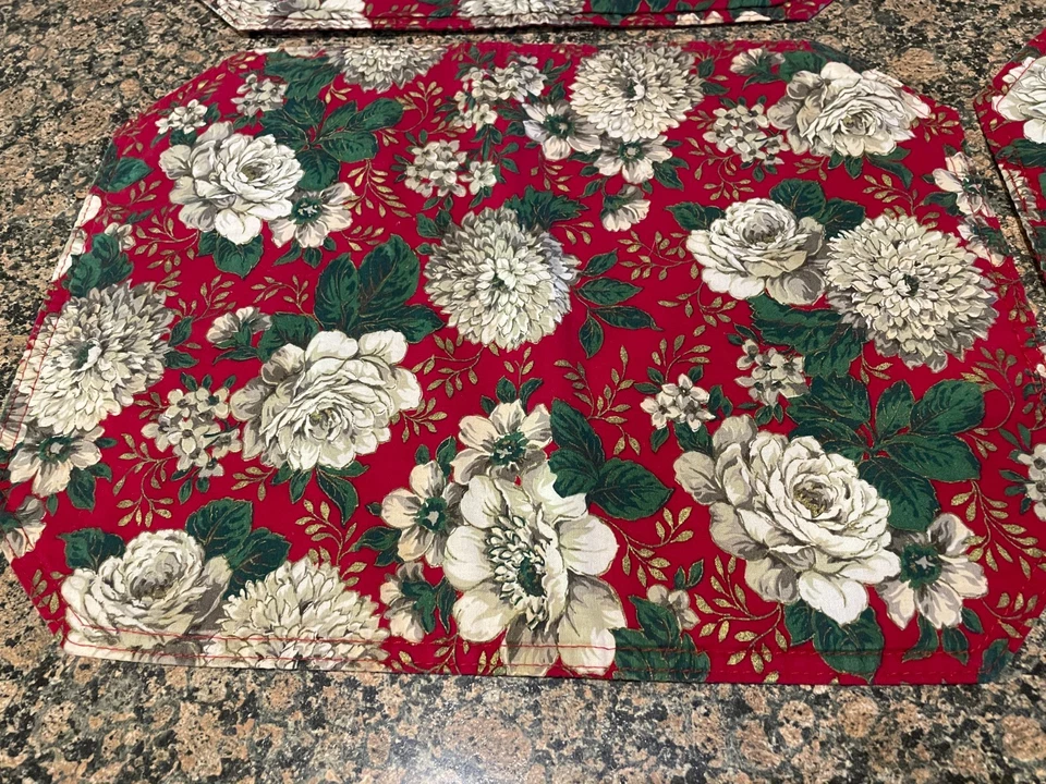 4 Wende Blumen Tischsets rot dunkelgrün weiß Blumen Weihnachtsfarben