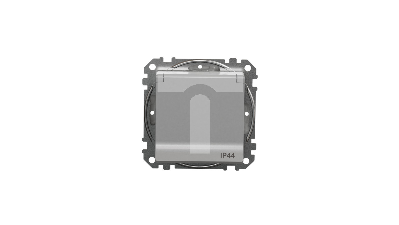 Schuko power socket with IP44 track shutters, silver aluminum, Sedna Design an