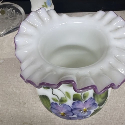 vintage Fenton Violets in the Snow"milk glass vase hand painted and sign BNewton