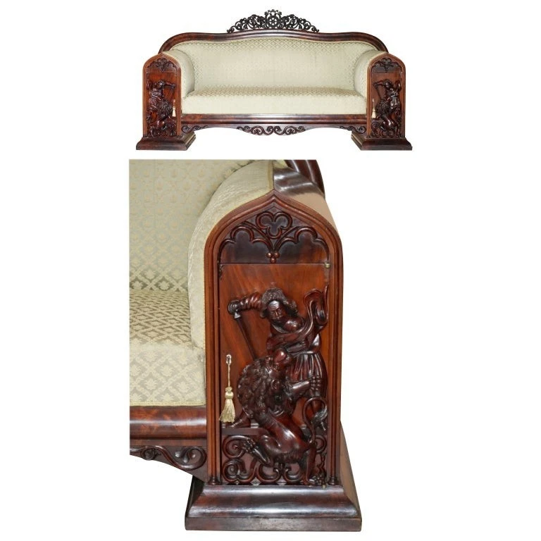 RESTORED FLAMED MAHOGANY LION CARVED ANTIQUE WILLIAM IV SOFA CUPBOARD LOCK ARMS