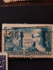 Timbre France N°336 Exposition internationale Paris 1937 1,50f bleu vert