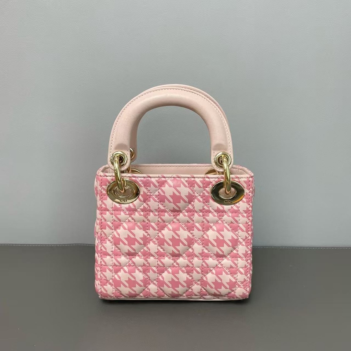 Dior Lady Dior Micro Bag Pink Houndstooth Lambskin Gold Hardware
