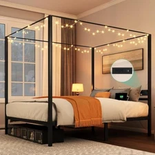 Canopy bed frame queen, four poster bed with charge station & star-sha