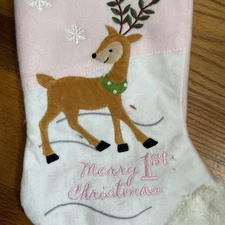 Holiday Living Pink Merry 1st Christmas Baby Deer 17" Velvet Christmas Stocking