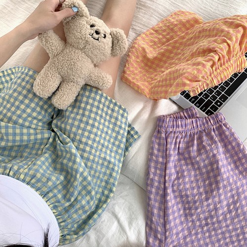 Women's Plaid Casual Shorts Ladies Loose Wide Leg Pajamas Shorts Summer - Picture 7 of 24