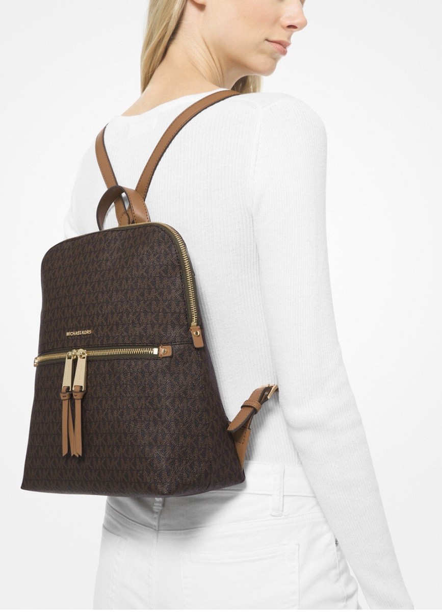 ?Michael Kors Rhea Medium Slim Backpack - Signature Brown & Acorn Rhea Medium Signature Logo Backpack in BROWN - Sale  main image 3