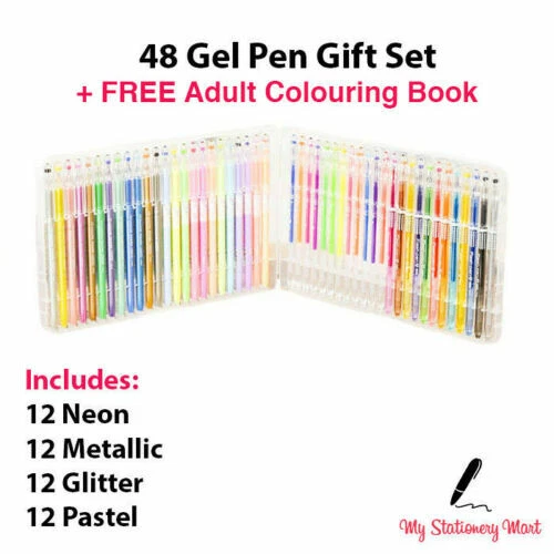 48 Gel Pen Set Metallic Pastel Glitter Neon Gel Pens FREE ADULT COLOURING  BOOK