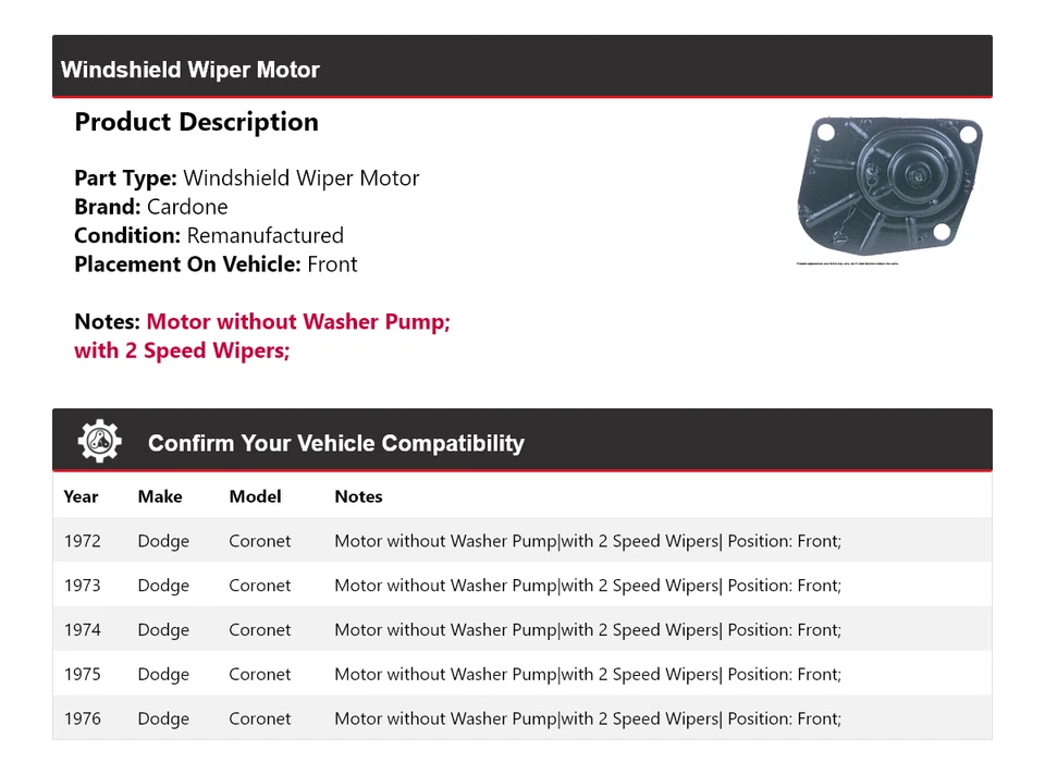 Para Dodge Coronet 1972-1976 Limpiaparabrisas Motor Delantero Cardone 1973 1974 1975 Foto 2 de 4