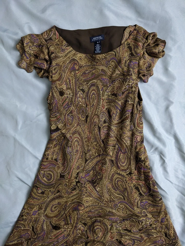 Vestido Jones New York Marrón Paisley Cambio Volantes Manga Gorra 100% Seda Mujer 14 Foto 2 de 4