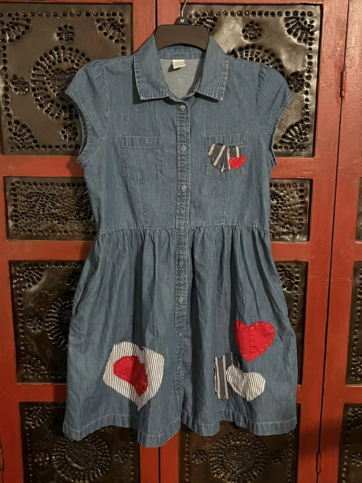 Vestido de campo Chambray denim cor azul aplicado à mão coração patriótico GP tamanho 16 - Imagem 2 de 4