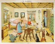 Farmhouse jogging table cradle spinning wheel tiled stove bench dirndl picture sheet