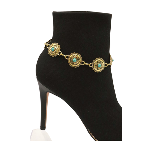 Women Gold Metal Chain Boot Bracelet PAIR Turquoise Blue Flower Charm HANDMADE - Picture 15 of 24