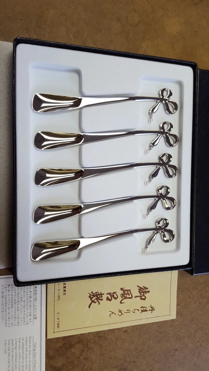 MIKIMOTO Pearl set of 5 spoons dessert silver Ribbon motif Authentic With box