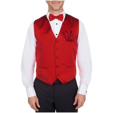 Men's Solid Red Satin Tuxedo Vest Bow Tie  Hanky Set for Formals Weddings -NWT