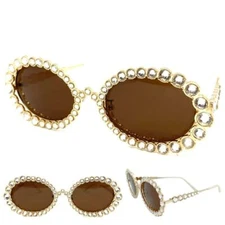 Classy Elegant Modern Retro Style SUN GLASSES Gold Oval Frame Sparkling Crystals